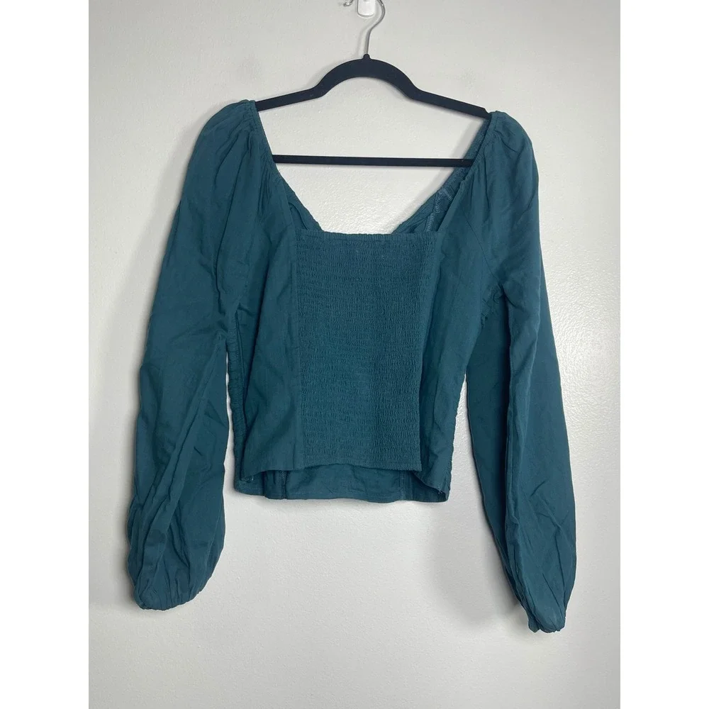 ABERCROMBIE & FITCH Ruched V-Neck Puff Sleeve Smocked Cotton Top Medium Teal NEW